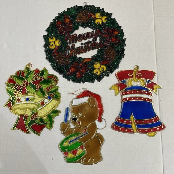 Vintage Christmas Stained Glass Plastic Window Decorations Set of 4 Wreath Bell - Picture 2 of 16
